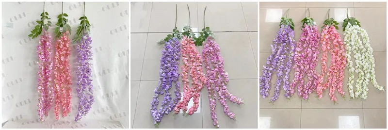 Romantic artificial wisteria backdrop with layered hanging flowers for weddings