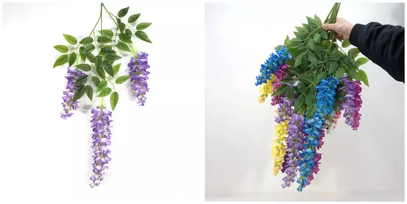 Cozy small balcony decorated with purple hanging artificial wisteria vines