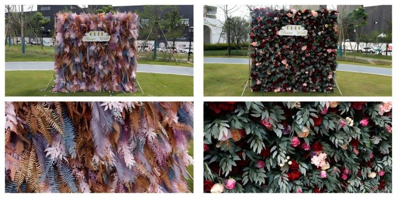 Autumn seasonal flower walls decorated with warm artificial flowers in orange and burgundy