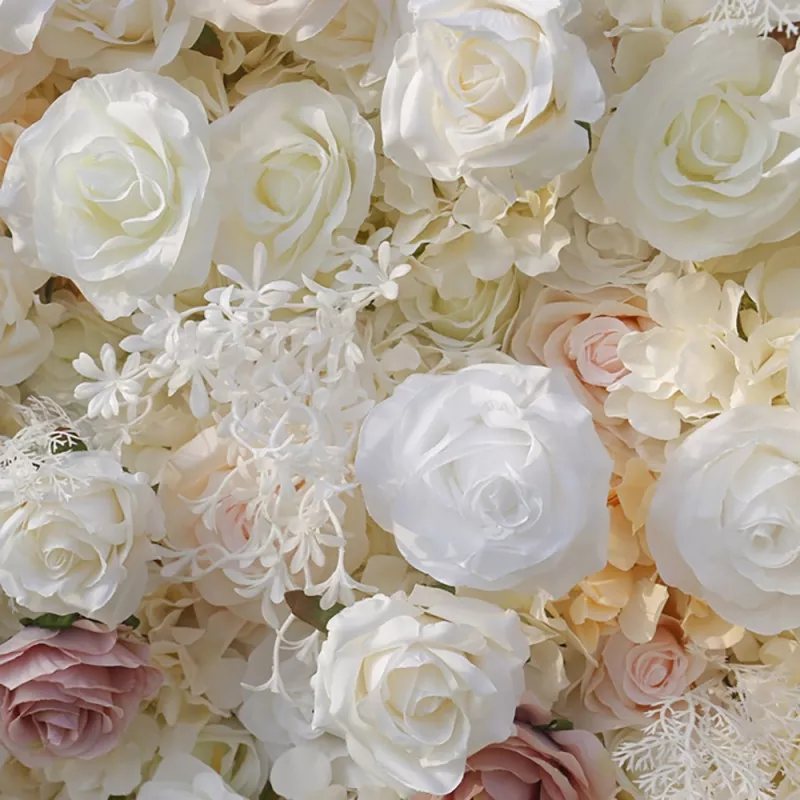 Event backdrop flower wall with easy tie fastening closure