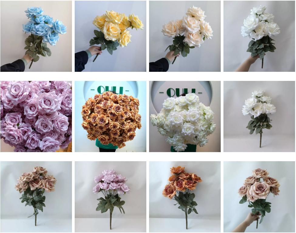 9-head artificial rose bouquet wholesale in assorted colors, low MOQ available for bulk flower distributors